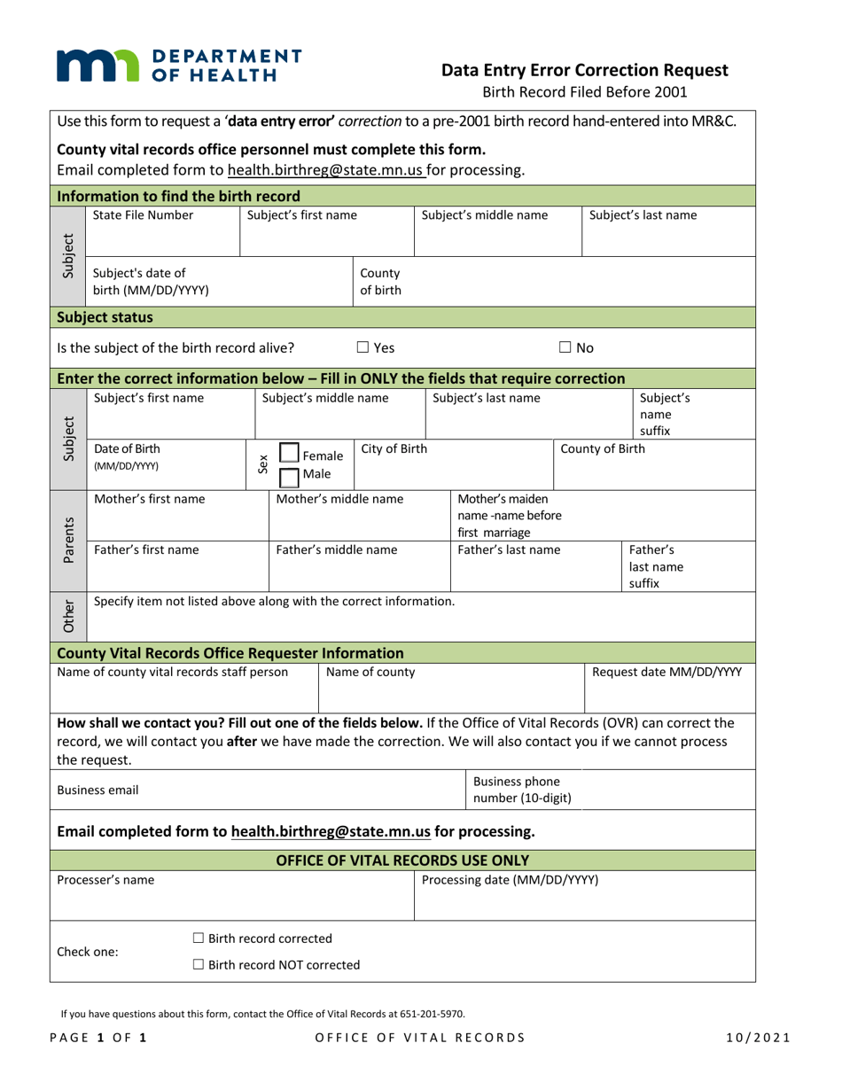 Data Entry Error Correction Request - Birth Record Filed Before 2001 - Minnesota, Page 1