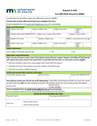 Document preview: Request to Add Pre-2001 Birth Record to Mr&c - Minnesota