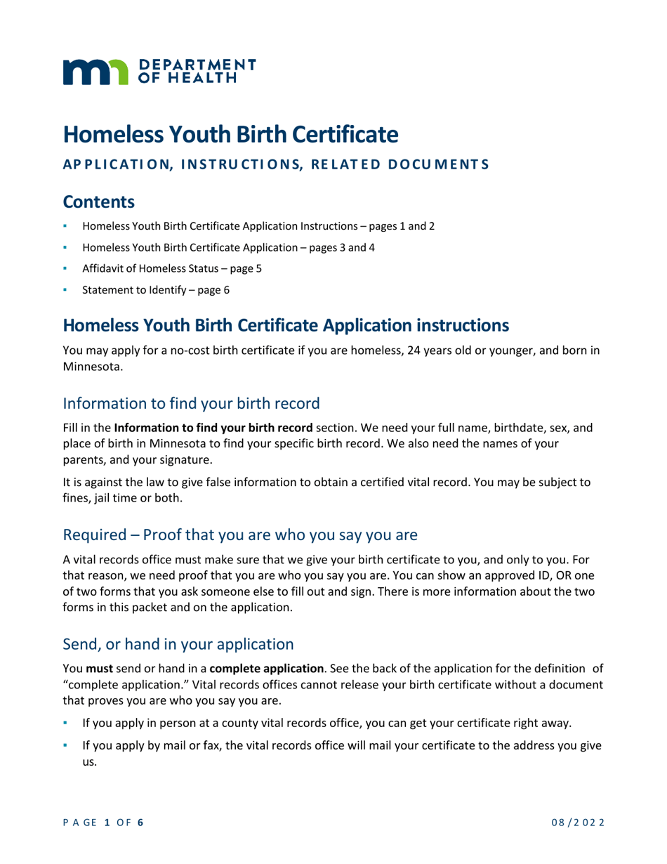 Homeless Youth Birth Certificate Application - Minnesota, Page 1