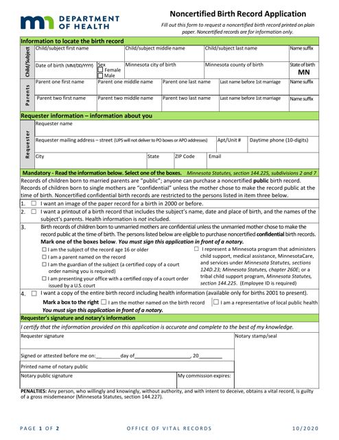 Noncertified Birth Record Application - Minnesota Download Pdf
