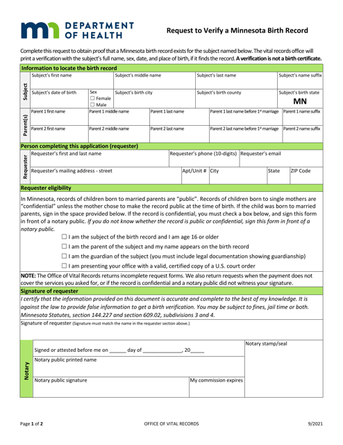 Request to Verify a Minnesota Birth Record - Minnesota Download Pdf