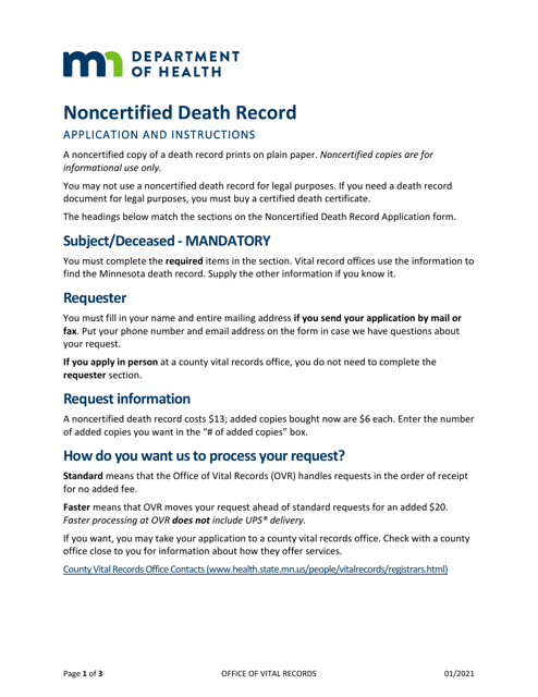 Noncertified Death Record Application - Minnesota Download Pdf