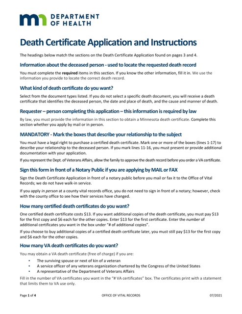 Death Certificate Application - Minnesota Download Pdf