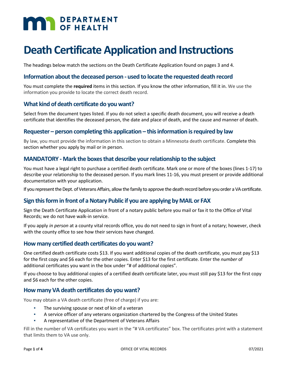 Death Certificate Application - Minnesota, Page 1