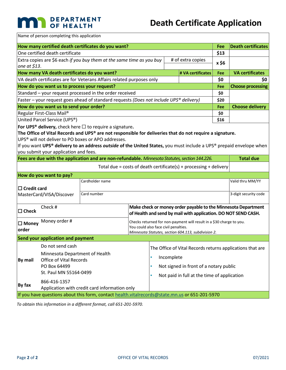 Minnesota Death Certificate Application Fill Out, Sign Online and