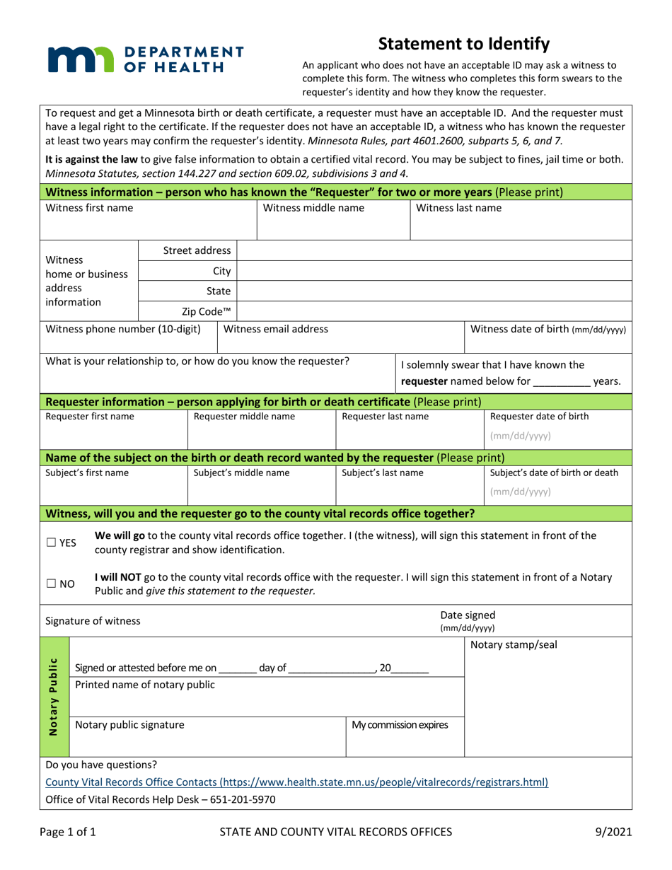 Statement to Identify - Minnesota, Page 1