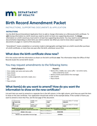 Document preview: Birth Record Amendment Application - Minnesota