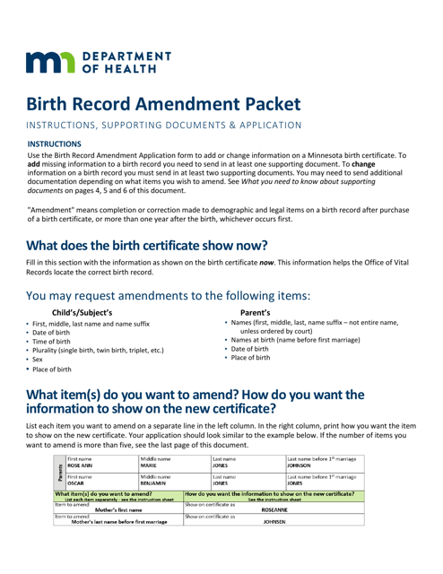 Birth Record Amendment Application - Minnesota Download Pdf