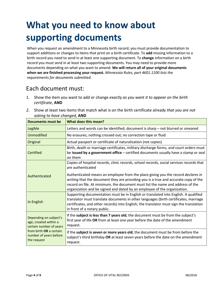 Birth Record Amendment Application - Minnesota, Page 4