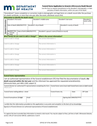 Document preview: Funeral Home Application to Amend a Minnesota Death Record - Minnesota