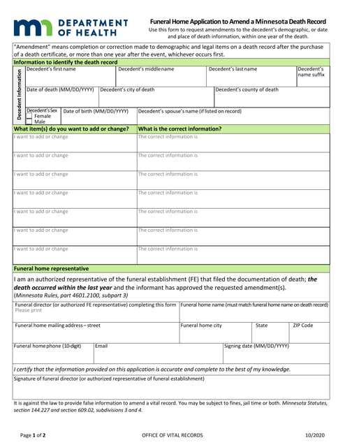 Funeral Home Application to Amend a Minnesota Death Record - Minnesota Download Pdf