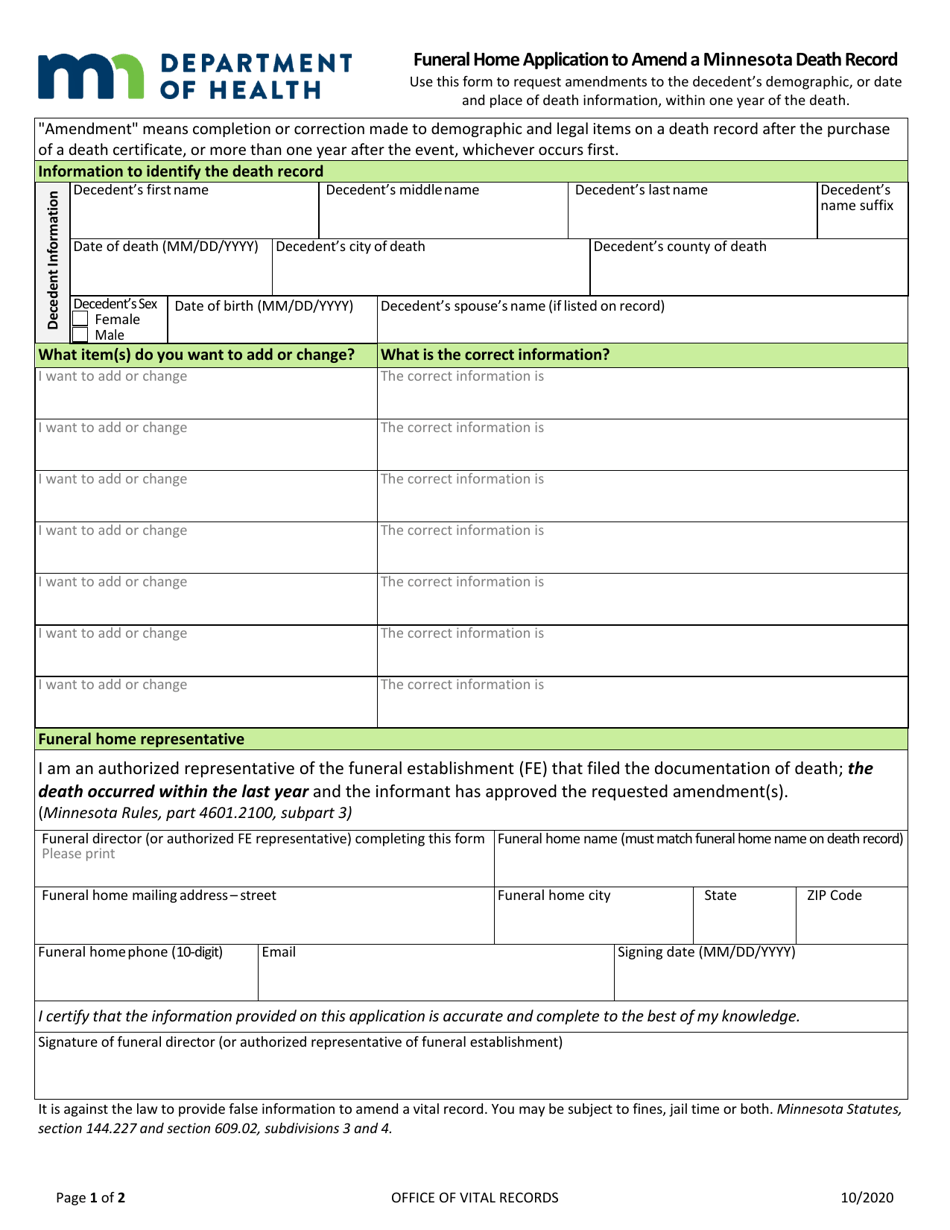 Funeral Home Application to Amend a Minnesota Death Record - Minnesota, Page 1