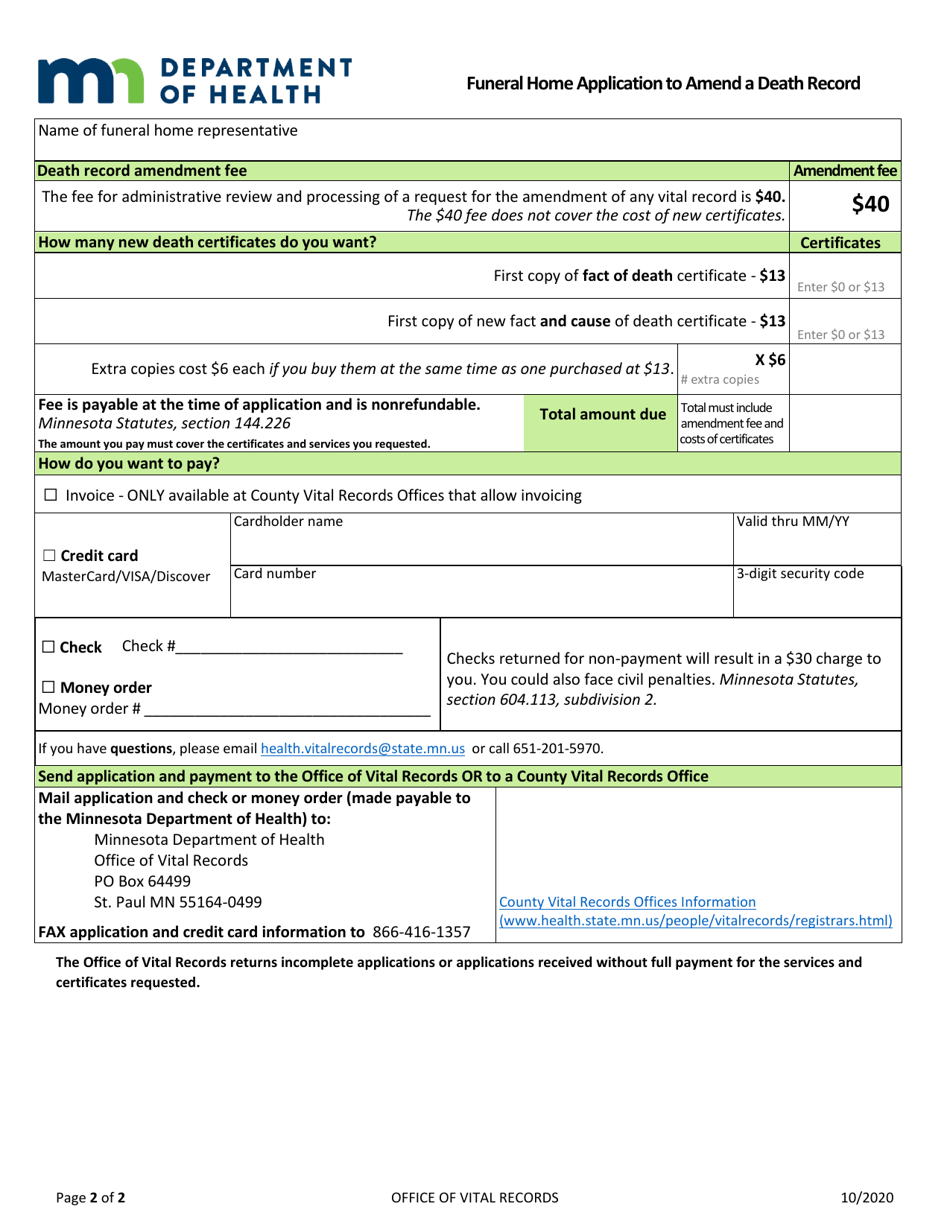 Funeral Home Application to Amend a Minnesota Death Record - Minnesota, Page 2