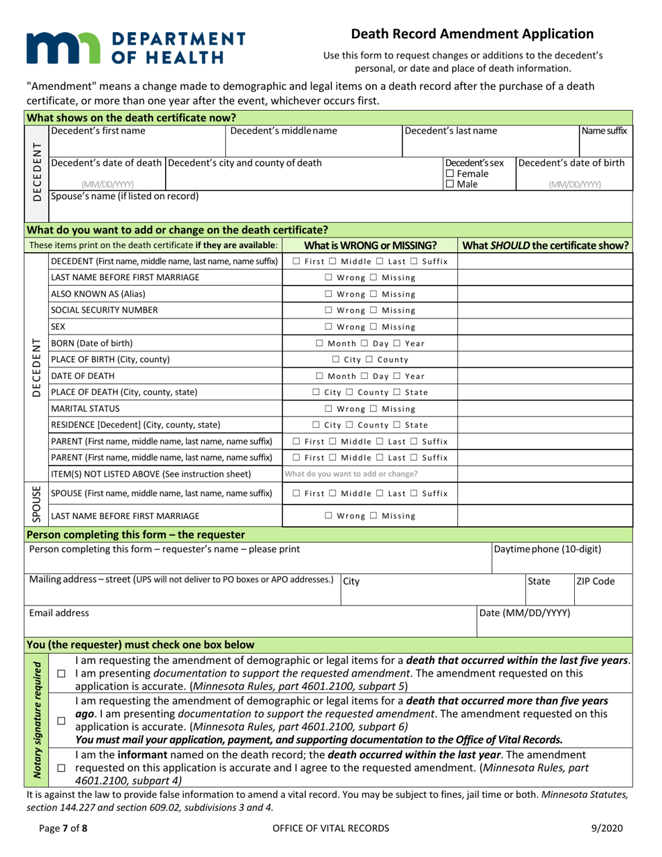 Death Record Amendment Application - Minnesota, Page 7
