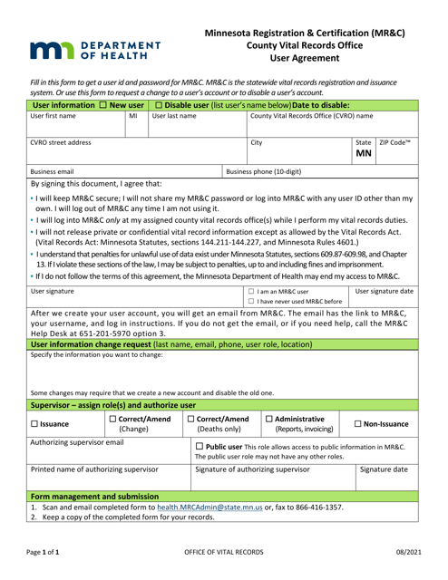 Minnesota Registration & Certification (Mr&c) County Vital Records Office User Agreement - Minnesota Download Pdf