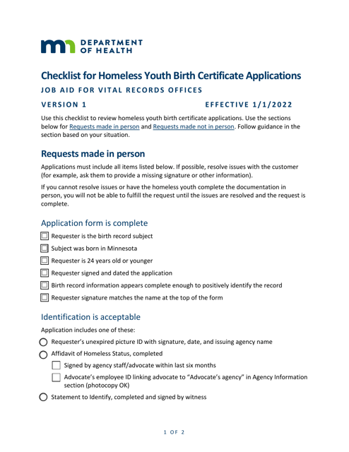 Checklist for Homeless Youth Birth Certificate Applications - Minnesota Download Pdf
