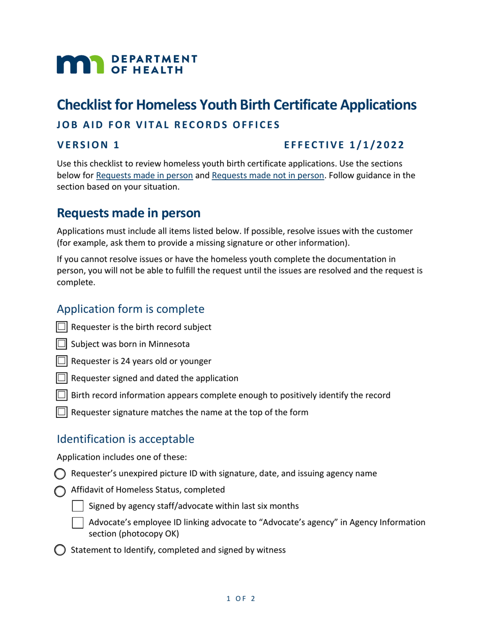 Checklist for Homeless Youth Birth Certificate Applications - Minnesota, Page 1