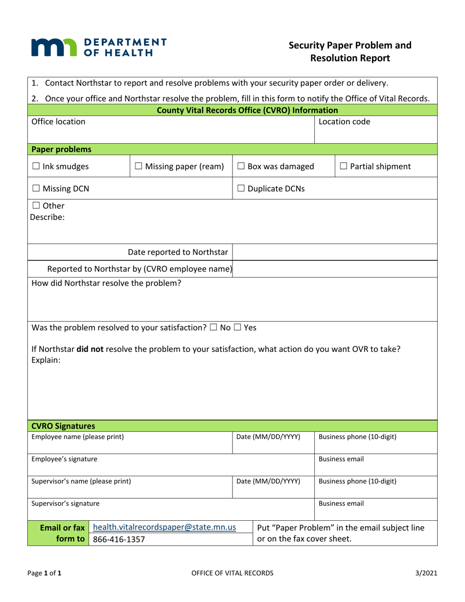 Security Paper Problem and Resolution Report - Minnesota, Page 1