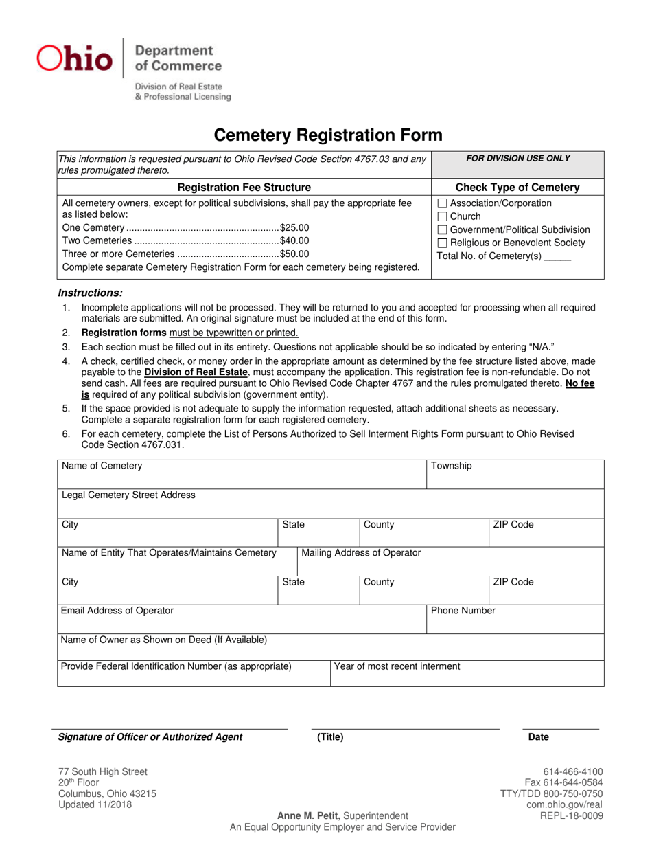 Form REPL-18-0009 Cemetery Registration Form - Ohio, Page 1