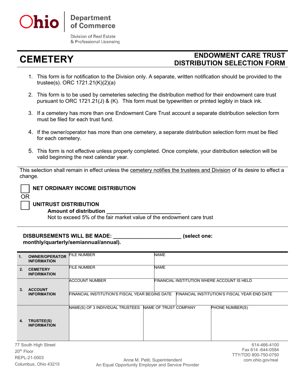 Form REPL-21-0003 Cemetery Endowment Care Trust Distribution Selection Form - Ohio, Page 1