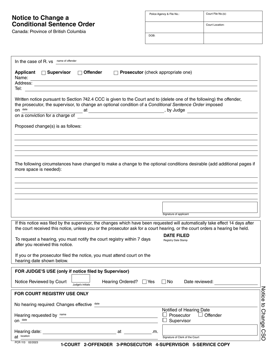 Form PCR113 Notice to Change a Conditional Sentence Order - British Columbia, Canada, Page 1