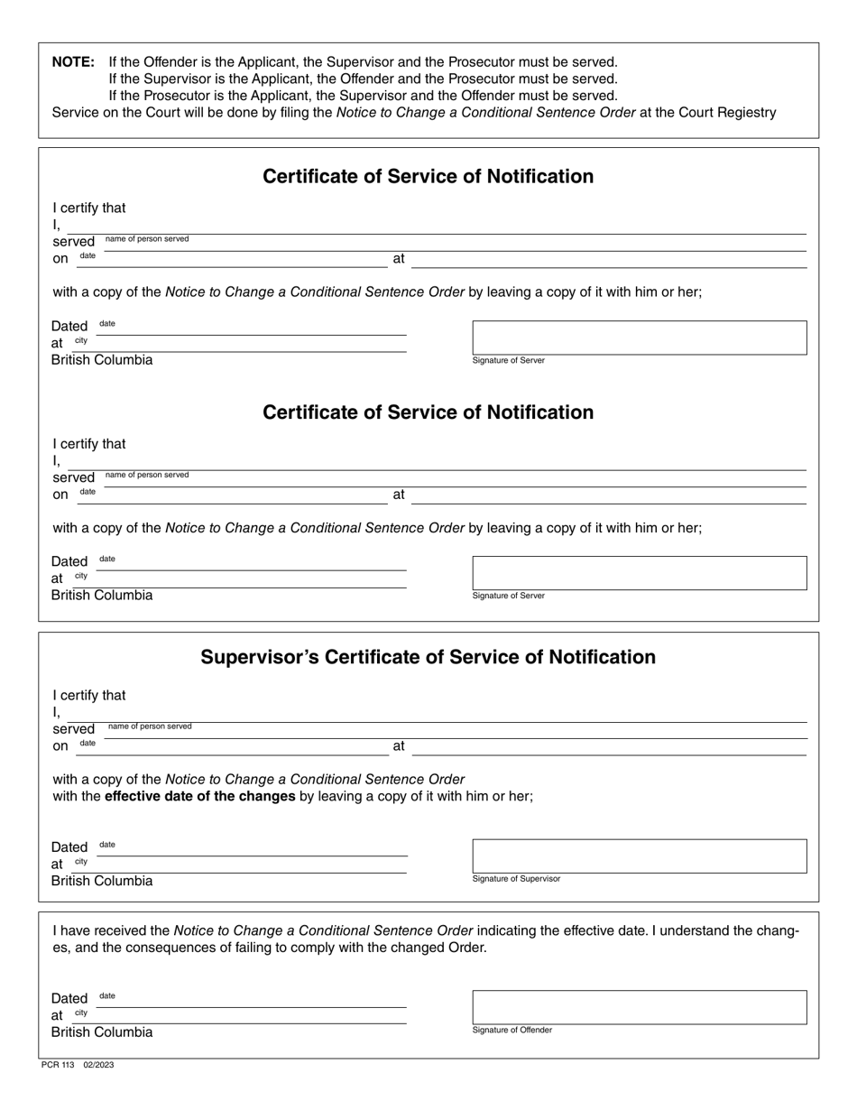 Form PCR113 Notice to Change a Conditional Sentence Order - British Columbia, Canada, Page 2