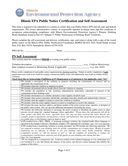 Form PWS266 (IL532-2626) Illinois EPA Public Notice Certification and Self-assessment - Illinois