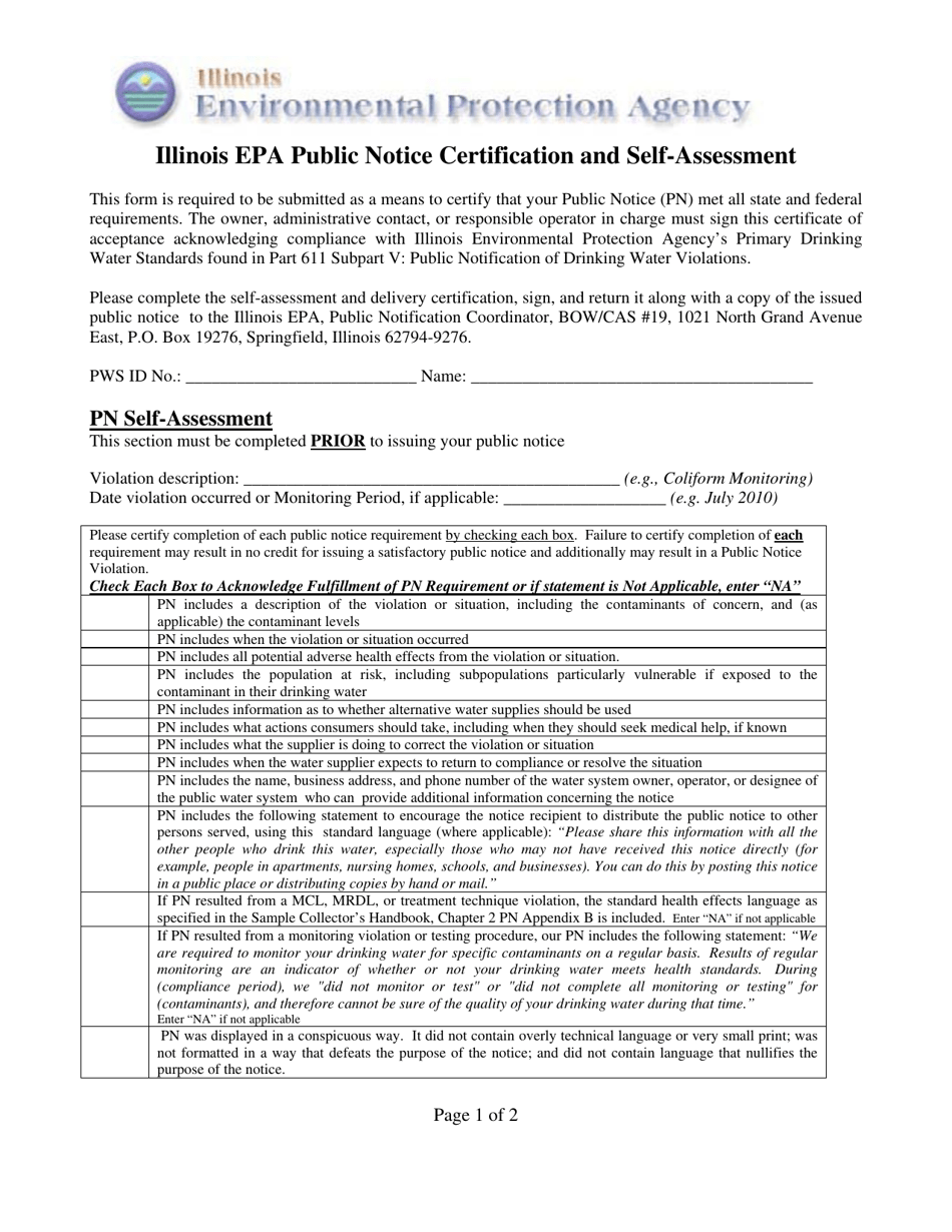 Form PWS266 (IL532-2626) Illinois EPA Public Notice Certification and Self-assessment - Illinois, Page 1