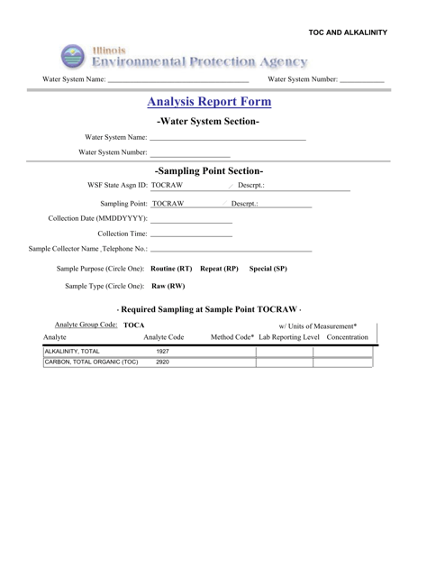Toc and Alkalinity Analysis Report Form - Illinois Download Pdf