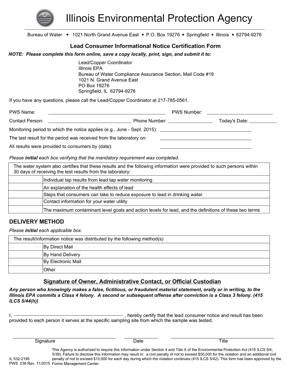Form PWS236 (IL532-2195) Lead Consumer Informational Notice Certification Form - Illinois, Page 1