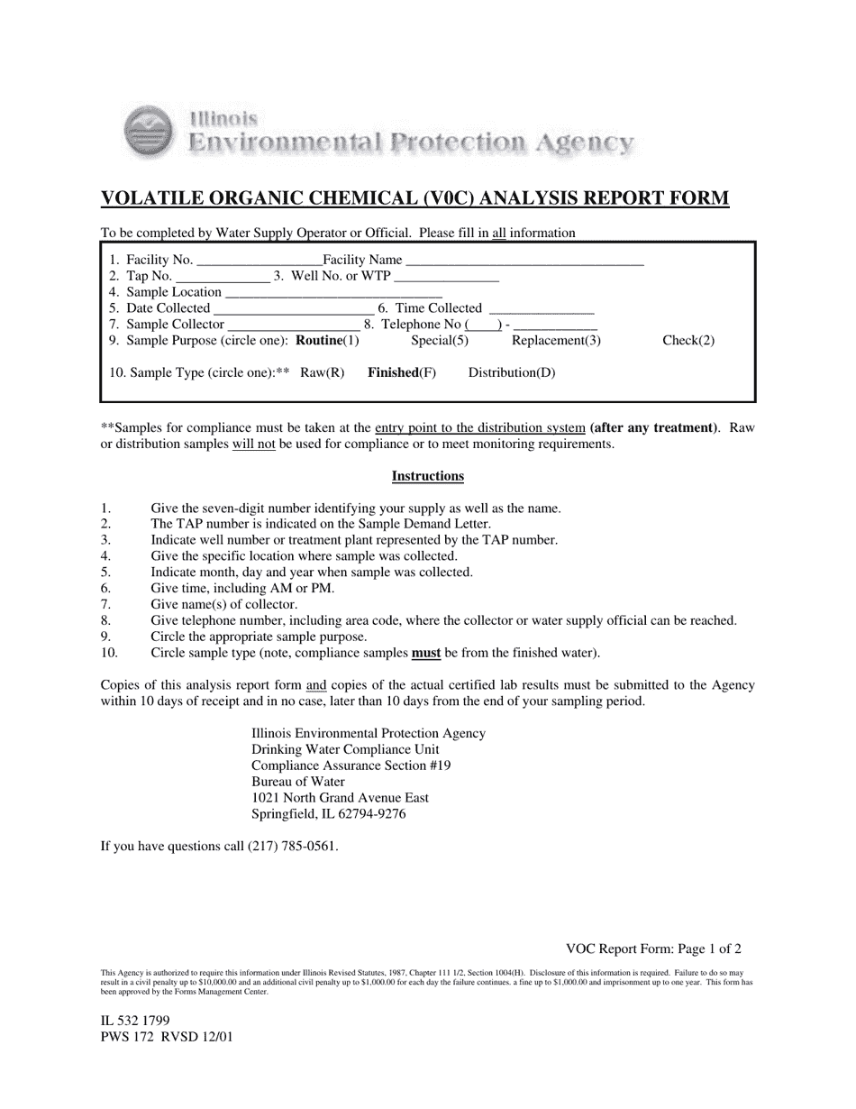 Form PWS172 (IL532 1799) Volatile Organic Chemical (VOC) Analysis Report Form - Illinois, Page 1