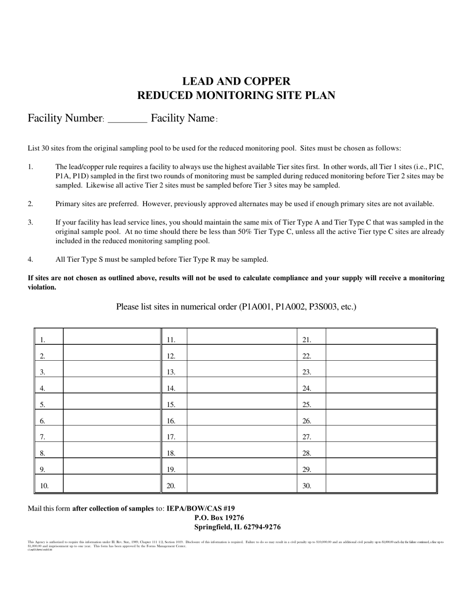 Illinois Lead and Copper Reduced Monitoring Site Plan for 30 Sites