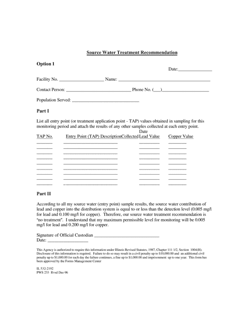 Form PWS233 (IL532-2192) Source Water Treatment Recommendation - Option 1 - Illinois