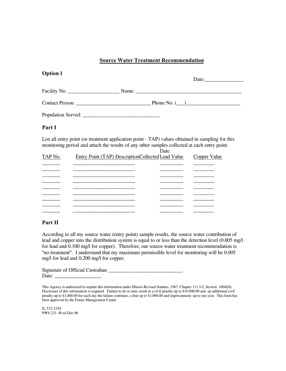 Form PWS233 (IL532-2192) Source Water Treatment Recommendation - Option 1 - Illinois, Page 1