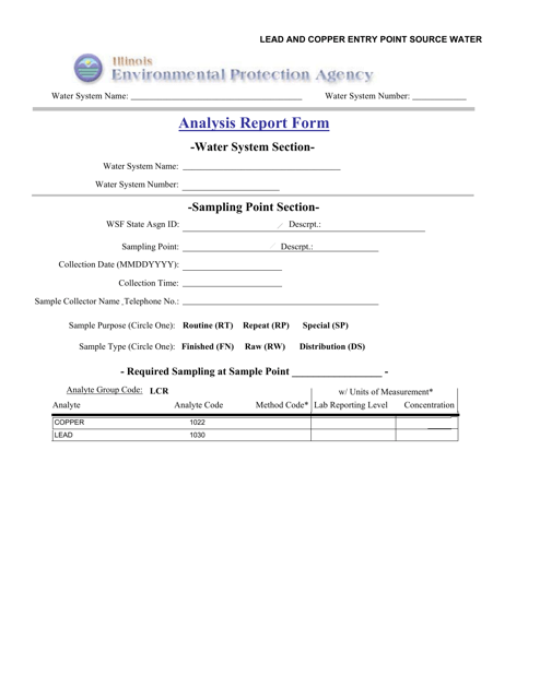 Lead and Copper Entry Point Source Water Analysis Report Form - Illinois