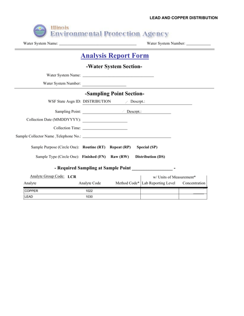 Lead and Copper Distribution Analysis Report Form - Illinois Download Pdf