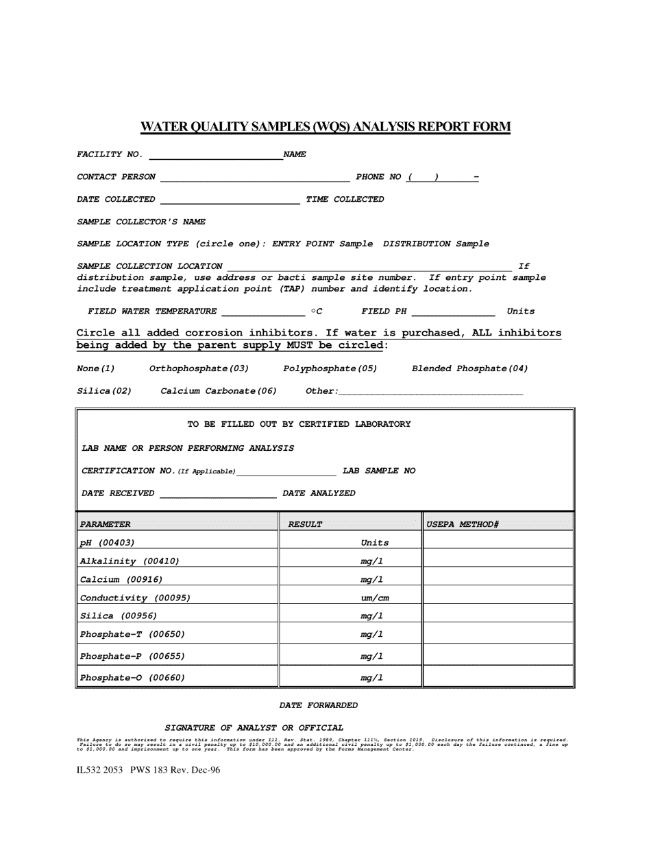 Form PWS183 (IL532 2053) Water Quality Samples (Wqs) Analysis Report Form - Illinois, Page 1