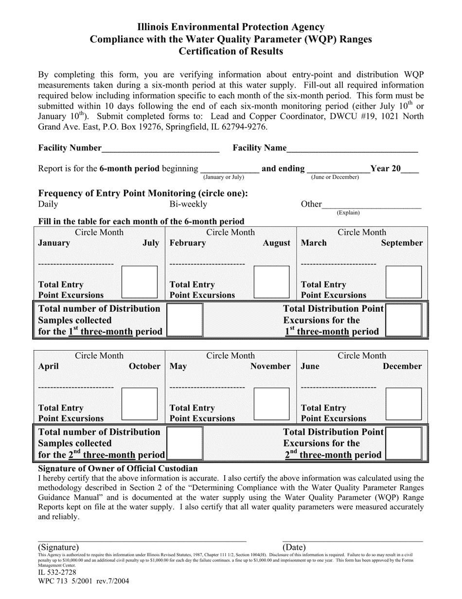 Form WPC713 (IL532-2728) Compliance With the Water Quality Parameter (Wqp) Ranges Certification of Results - Illinois, Page 1