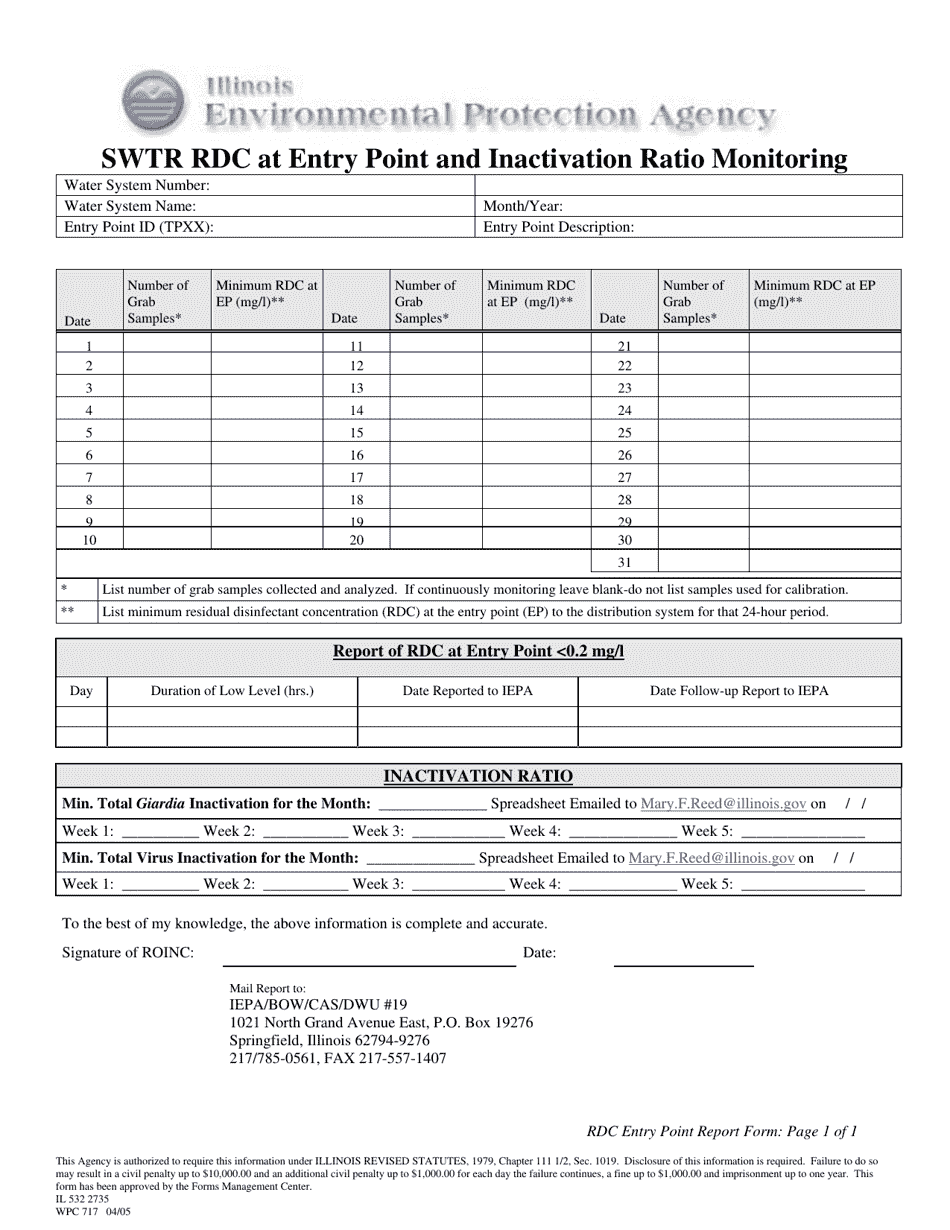 Form WPC717 (IL532 2735) Swtr Rdc at Entry Point and Inactivation Ratio Monitoring - Illinois, Page 1