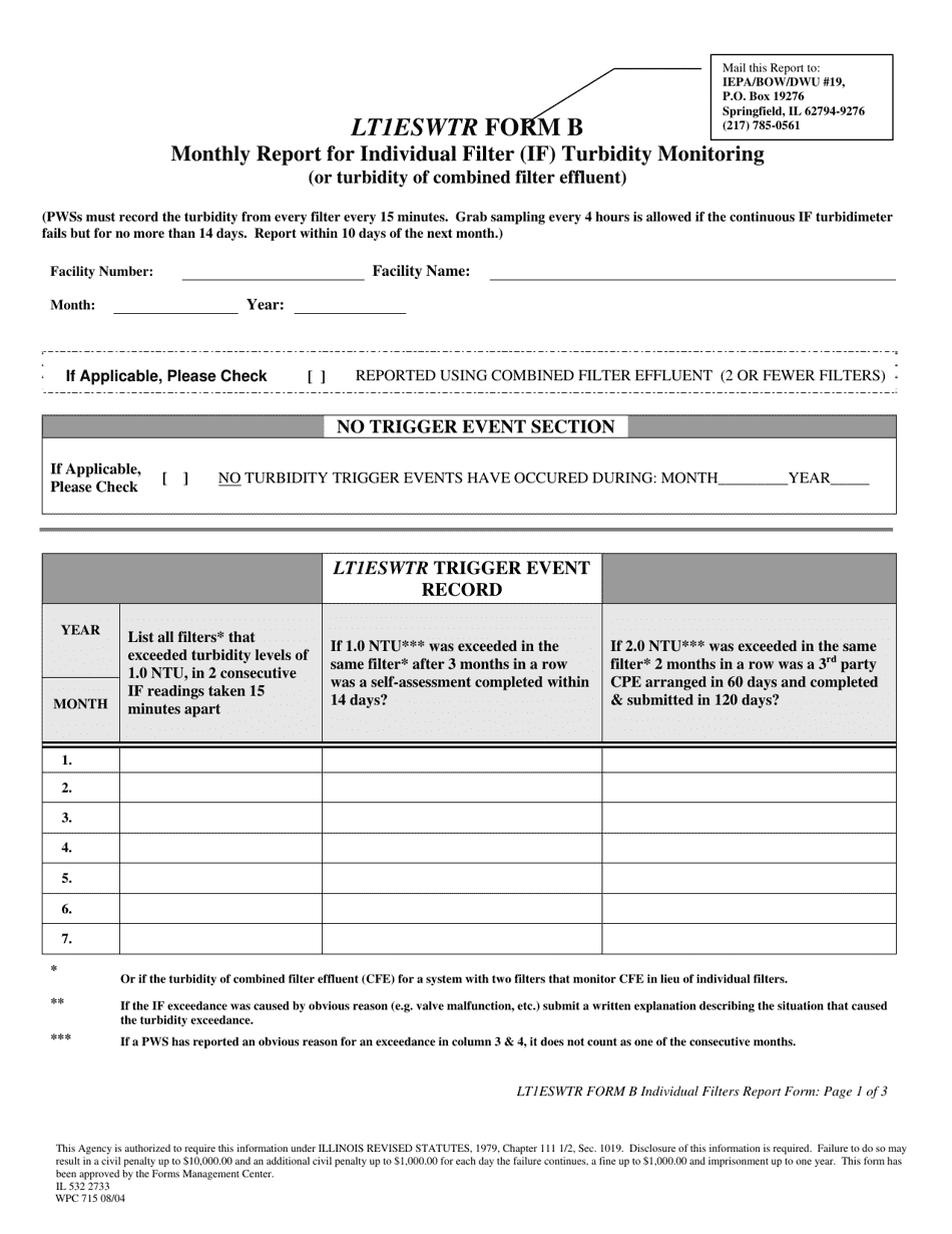 Form B (WPC715; IL532 2733) Monthly Report for Individual Filter (If) Turbidity Monitoring for Small Surface Water Systems - Illinois, Page 1