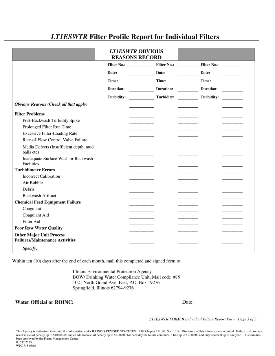 Form B (WPC715; IL532 2733) Monthly Report for Individual Filter (If) Turbidity Monitoring for Small Surface Water Systems - Illinois, Page 3