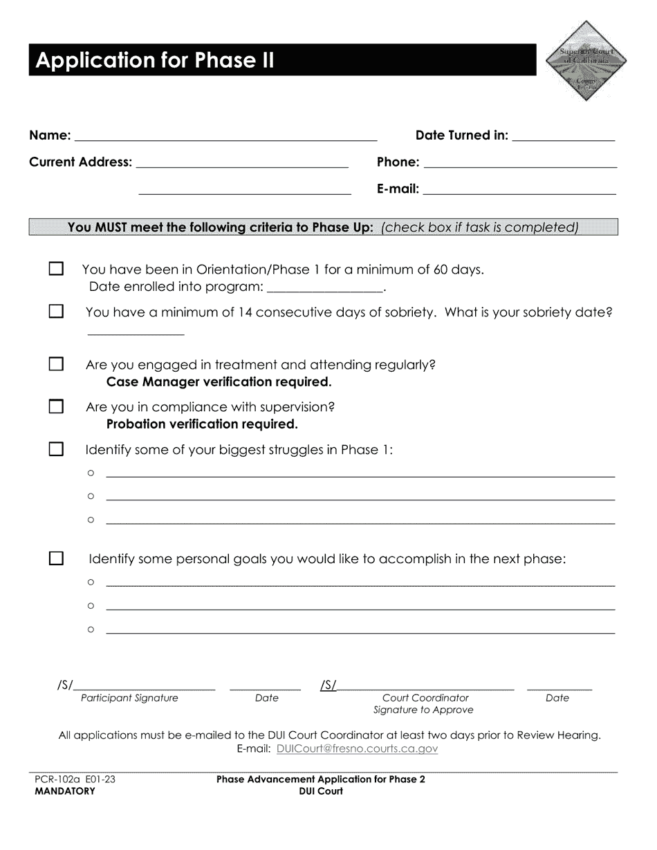 Form PCR-102A Phase Advancement Application for Phase Ii - County of Fresno, California, Page 1