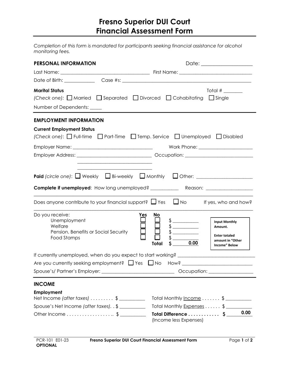 Form PCR-101 Financial Assessment Form - County of Fresno, California, Page 1