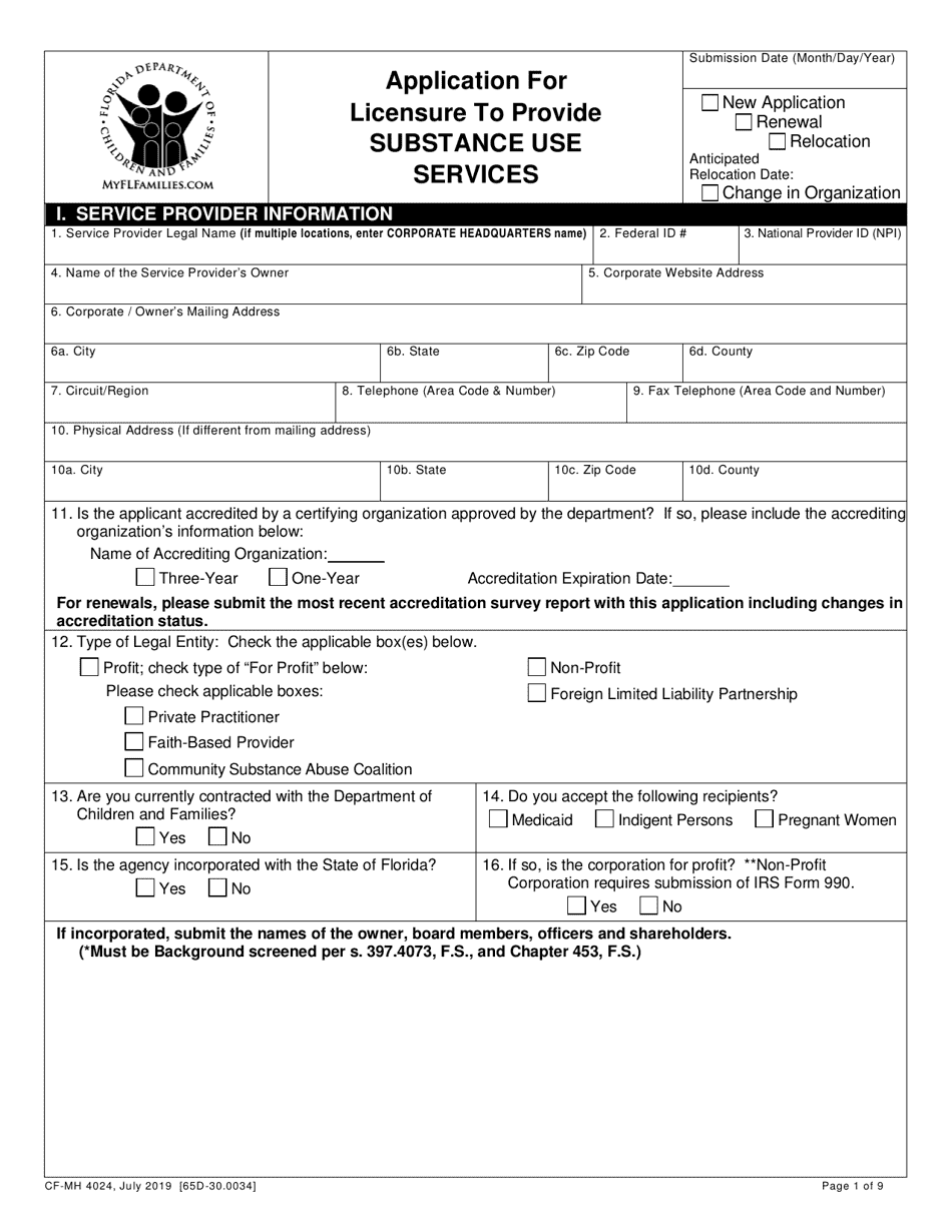Form CF-MH4024 Application for Licensure to Provide Substance Use Services - Florida, Page 1