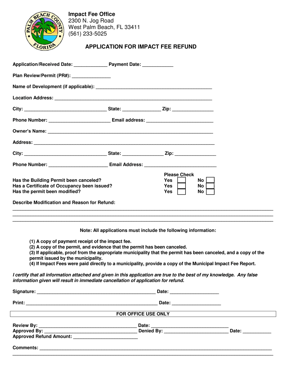 Application for Impact Fee Refund - Palm Beach County, Florida, Page 1