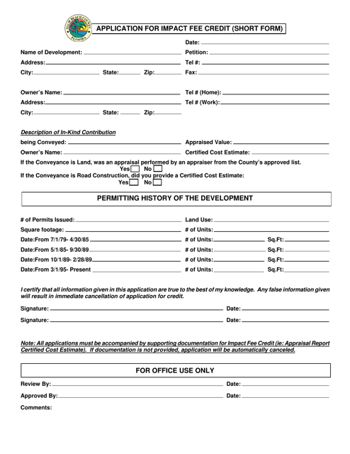 Application for Impact Fee Credit (Short Form) - Palm Beach County, Florida Download Pdf