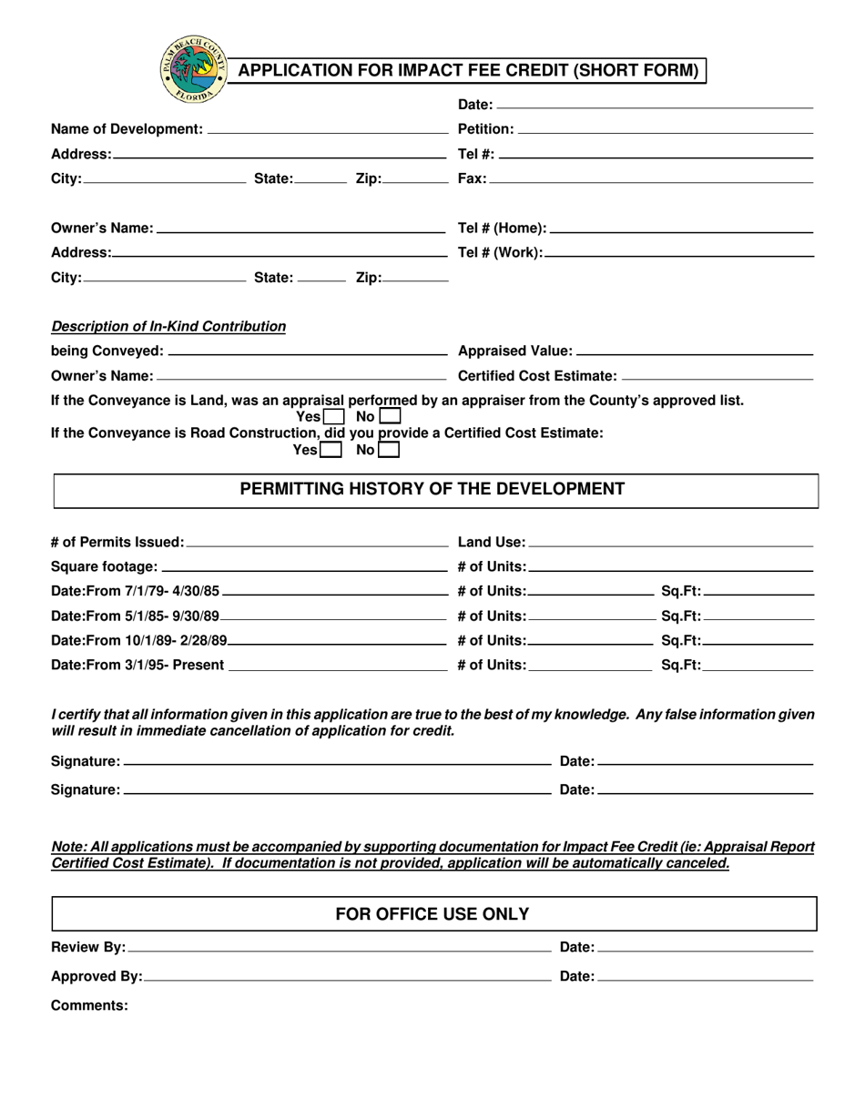 Application for Impact Fee Credit (Short Form) - Palm Beach County, Florida, Page 1