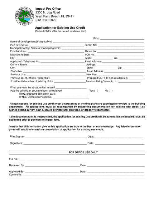 Application for Existing Use Credit - Palm Beach County, Florida Download Pdf