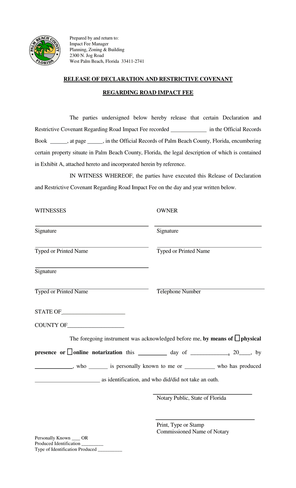 Release of Declaration and Restrictive Covenant Regarding Road Impact Fee - Palm Beach County, Florida, Page 1