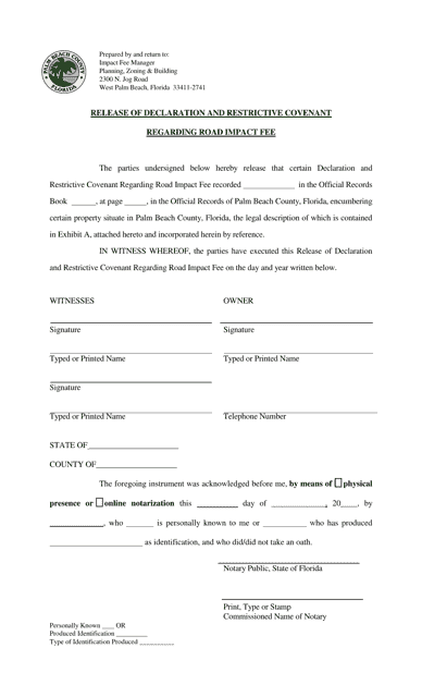 Release of Declaration and Restrictive Covenant Regarding Road Impact Fee - Palm Beach County, Florida Download Pdf